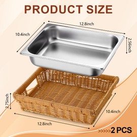 Yiyiring Buffet Catering Party Serving Trays, 2 Sets 12.8x10.4 Inch Wicker Baskets with Removable Stainless Steel Insert Pan, Reusable Food Containers for Hot Dishes, Casseroles, Bread, Restaurant Use