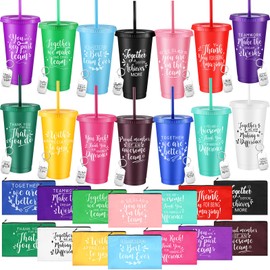 Skylety 42 Pcs Employee Appreciation Gifts Bulk 24oz Thank You Tumbler Plastic Reusable Cups with Lid and Straw Inspirational Makeup Bags Keychains, Gifts for Teacher Coworker