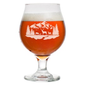MIP 16 oz Belgian Beer Tulip Glass Stemmed Beer Glass Deer Mountain Forest River Scene