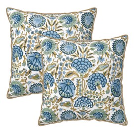 DAFENA Boho Navy Blue Yellow Pillow Covers 16x16 Inch 2 Pcs Sage Green Vintage Floral Decor Throw Pillows Spring Flower Summer Outdoor Farmhouse Decoration Pillowcase Cushion Cover for Couch Sofa