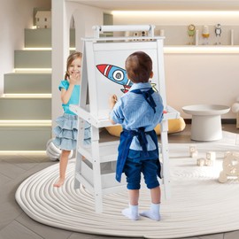 HONEY JOY Art Easel for Kids, 3-in-1 Double-Sided Wooden Toddler Easel w/Magnetic White Board & Chalkboard, Paper Roll, 2 Storage Bins, Painting Dry Erase, Kids Easel for Boys Girls Aged 3+ (White)