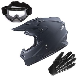 1Storm Motocross Adult Helmet BMX MX ATV Dirt Bike Helmet Matt Black + Goggles + Skeleton Black Glove Bundle