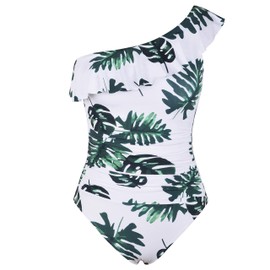 Mycoco - Traje de baño de una pieza para mujer, con un hombro fruncido, traje de baño, Hojas blancas y verdes., 6
