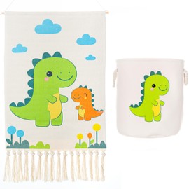 Macrakido - Cute Dinosaur Vertical Tapestry Set for Kids Room – Boho Cotton Macrame Wall Hanging with Matching Laundry Bag, Art decor and storage for Bedroom Playroom or Nursery