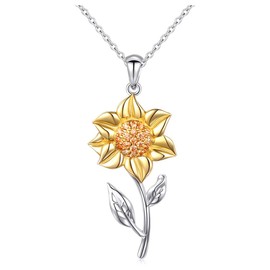 DAOCHONG S925 Sterling Silver Sunflower with CZ Pendant Necklace or Ring Earrings Bracelet Jewelry for Women 18" (Yellow Necklace)