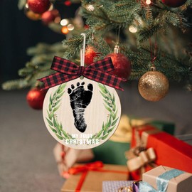 Baby's My First Christmas Handprint or Footprint Christmas Print Ornament,Christmas Tree Decoration Keepsake with Clean Touch Ink Pads and Bows，Nursery Decorative Ornaments (Print2)