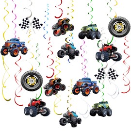 22pack Foil Monster Truck Hanging Swirls, 16 pack with 8 Patterns and 6 Twin Tails Double-sided Monster Truck Birthday Party Supplies for Boys