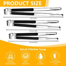 3 Pieces Kitchen Tongs for Cooking, LIUCONGBD Stainless Steel Serving Tongs for Kitchen Accessories with Comfort Handle for BBQ Toast Salad Pasta (Black, 9 10 12 Inches)
