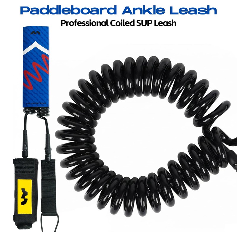 10ft Coiled SUP Leash for Paddleboard Ankle Cuff, Double Swivel