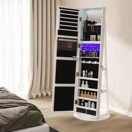 SumKea Rotating Mirror Jewelry Armoire, 360°Lockable Standing Jewelry Organizer with Rear Storage Shelves, 62.99'' Full-Length Mirror with LED Lights, Interior Mirror, White