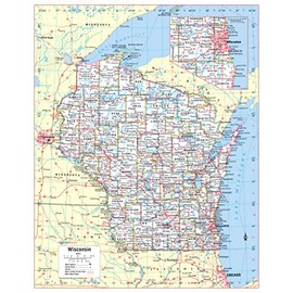 Cool Owl Maps Wisconsin State Wall Map Large Print Poster 24" Wx30 H - rolled Laminated