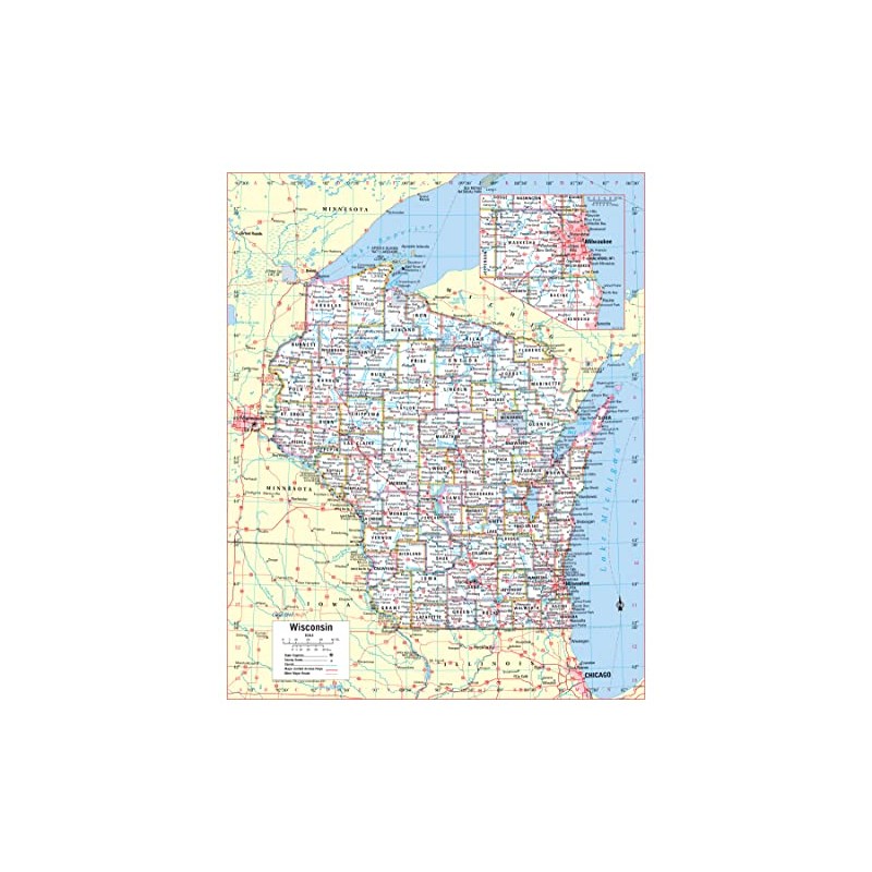 Cool Owl Maps Wisconsin State Wall Map Large Print Poster
