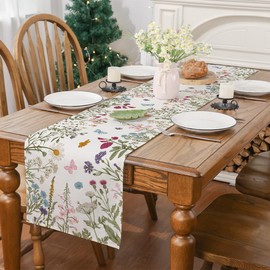 Spring Table Runner, Wildflowers Summer Decor Floral Butterfly Seasonal Kitchen Dining Table Decoration for Home 13x36 Inch