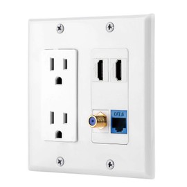 IBL-15A Power Outlet, 2 Port HDMI, 1 Cat6 Ethernet, 1 Coax Cable TV Wall Plate in White