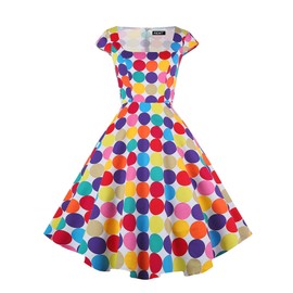 PUKAVT Women's Cocktail Party Dress Cap Sleeve 1950 Retro Swing Dress with Pockets Colorful Dot M