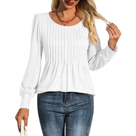 Cuptacc Long Sleeve Tops Women Pleated Crew Neck Ladies Tops Puff Sleeve with Button Oversized Tunic Length T Shirts Blouse Women White S UK 10