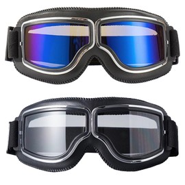 YISUGOOC Motorcycle Goggle 2 Pieces Vintage Aviator Goggles UV Protection Dirt Bike Riding Glasses ATV Goggles (Black Frame Color Lens + Black Frame Clear Lens)