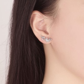 QUKE 925 Sterling Silver Post Butterfly Shape Cubic Zirconia Crystal Climber Ear Vine Wrap Stud Earring for Women Girls