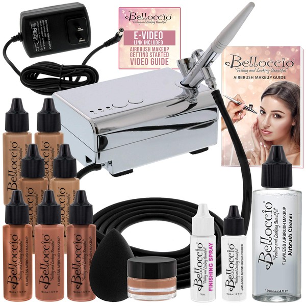 Belloccio Professional Beauty Deluxe Airbrush Cosmetic Makeup System with 4 Tan Shades of Foundation in 1/2 oz Bottles - Kit includes Blush, Bronzer and Highlighters