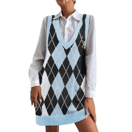 Hotouch Womens Plaid Sweater Vest Dress 2024 Trendy Pattern Sweater Dress Soft Knit Pullovers V Neck Sleeveless Sweater Dress, Blue Argyle L