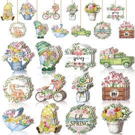 36 Pcs Spring Flower Ornaments for Tree Wooden Easter Decoration Ornaments Floral Hello Spring Decor Wood Pendant Slices Tags Gnome Hanging Decoration for Birthday Party Home Tree Decor, 12 Styles