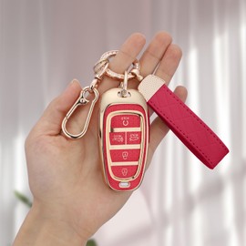 Seedwee for Hyundai 5 Buttons key fob cover, Soft TPU Keys Protector Bling Key Fob Keychain for 2023 2022 2021 2020 Sonata Santa fe Tucson, Gold Red
