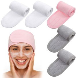 QFGasre 5PCS Facial Spa Headband for Women, Adjustable Non-Slip Terry Cloth Headband Stretch Towel for Bath, Makeup and Sport(White, Pink, Gray)