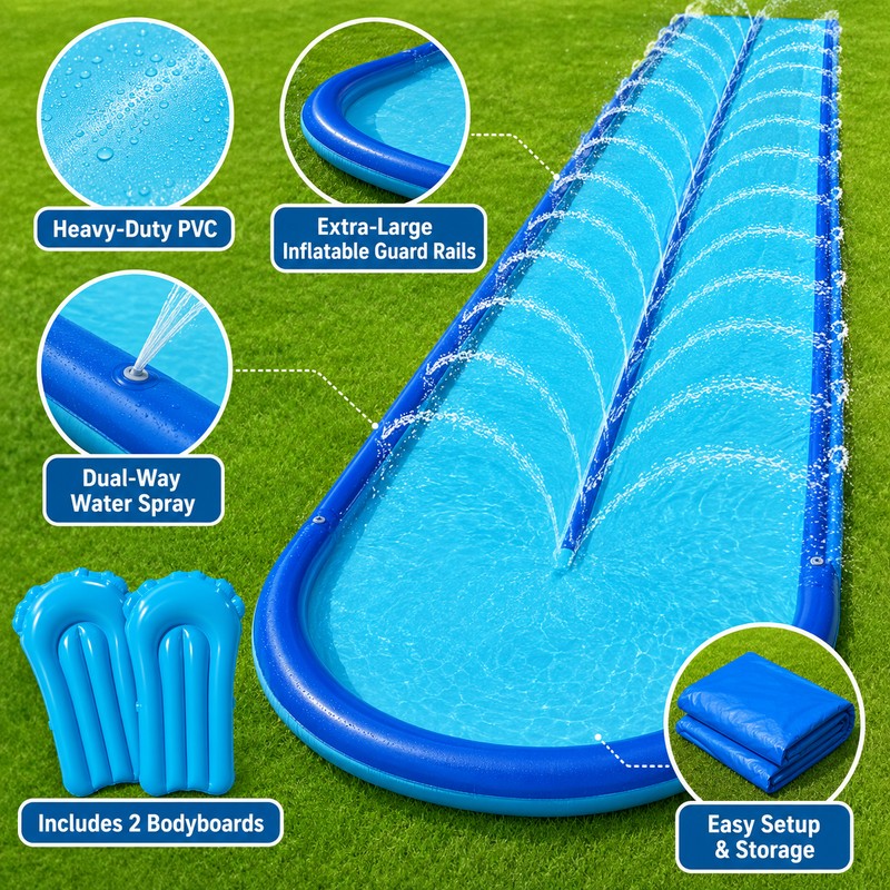 Extra-Wide Backyard Water Slide with Dual Sprayers & 2 Bodyboards