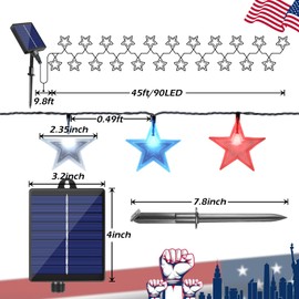 Solar Powered 4th of July Decorations Star Lights, 45FT Red White and Blue String Lights with 90Led Big Stars, 8 Modes Patriotic Lights USB Charge for Indoor Outdoor Garden Independence Day Decor