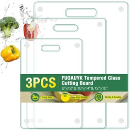 3 Size Tempered Glass Cutting Boards for Kitchen Counter, FUOAUYK Dishwasher Safe Glass Cutting Board Non Toxic with Handle, Non-Slip Rubber Feet, Heat & Scratch Resistant(8x12", 10x14", 12x16")
