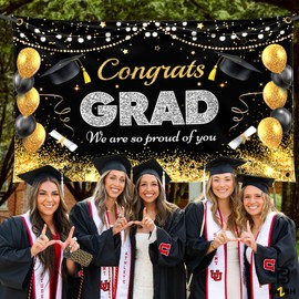 XtraLarge Congrats Grad Graduation Backdrop 2025-72x44 Inch, Congrats Grad Banner | Silver, Black and Gold Graduation Decorations 2025, Grad Party Decorations 2025, Congrats Grad Backdrop Banner
