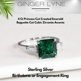 Created Green Emerald Ring for Women Sterling Silver 4 Ct Gemstone Engagement Rings for Women | May Birthstone or Bridal by Ginger Lyne |Faux Gem Stone Simulated Promise Bridal Jewelry