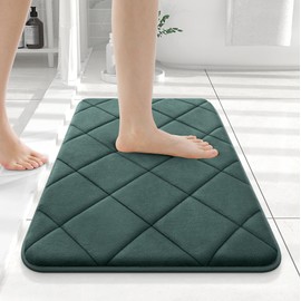 OLANLY Memory Foam Bath Mat 24x16, Ultra Soft and Absorbent Bathroom Rugs, Machine Washable, Comfortable Bath Carpet for Bathroom Floor, Tub and Shower, Dark Green