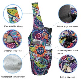 Yoga Mat Bag - Large Opening Long Tote Yoga Mat Carrier Holder Bag with Waterproof Wet Zipper Pocket and Drawstring Water Bottle Pocket - Yoga Bag Fit Most Size Mats - Paisley