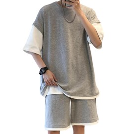 Elixio Men's Sweatshirt, T-shirt, Half Pants, Setup, Top and Bottom, Plain, Simple, Large Size, Cool, Loose Fit, Jersey, Top and Bottom Set, Loungewear, Shorts, Sportswear, Sale, gray
