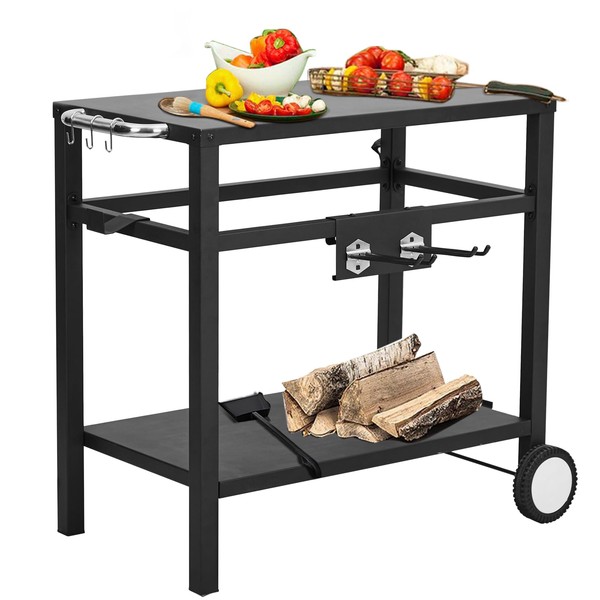Dining Cart,Outdoor Grill Cart with Double-Shelf,with 4 Hooks, Side Handle,Wheels,Cooking Table for Outdoors, Kitchen or Backyard Patio, Movable BBQ Trolley,Multifunctional and Commercial (Black)
