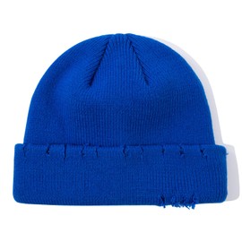 Gvatasz Frayed Knit Beanie Unisex Roll-up Edge Swag Fisherman Ski Hats Trawler Toboggan Cap Distressed Harbour Hat,Blue