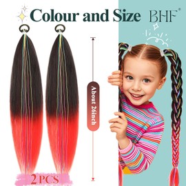Braiding Hair Extensions - Ponytail Extensions with Elastic Tie Colorful Braid Hair Extension Kids Hair Extensions for Girls Twist Braids Hair for Women Red Hair Extensions 26'' 2pcs(Black/Red)