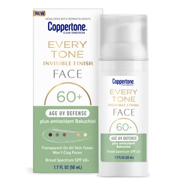 Coppertone Every Tone Invisible Finish Age UV Defense Face Sunscreen SPF 60+ with Bakuchiol, Lightweight, Blends in Clear Sunscreen for All Skin Tones, 1.7 Fl Oz Pump Bottle