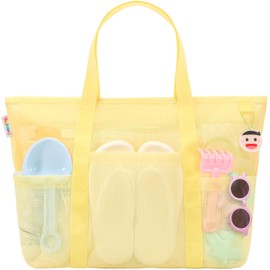 Tagitary Beach Toys Mesh Beach Bag with Zipper and 8 Pockets, Yellow Large Beach Tote Waterproof Sandproof for Camping Sports Pool Swim Bag Foldable Beach Accessories Storage Travel Bag