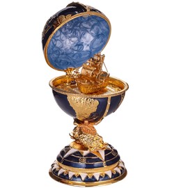 danila-souvenirs Faberge Style Egg / Jewellery Box Globe with Ship 14.5 cm Blue