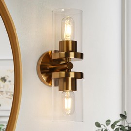 KSANA Gold Bathroom Sconces Wall Lighting, Modern Brass Wall Sconce with Clear Glass Shade, 2-Light Vanity Light Fixtures Over Mirror for Bedroom, Living Room, Kitchen and Hallway