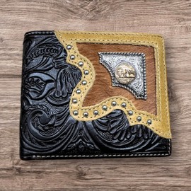 Western Stakes Leather Bi Fold Wallet Cowboy Praying at Cross Concho Tooled Cowboy Floral Embossed Cowhair Leather Rodeo Wallet Cowboy Style Hand Crafted High End Mens Wallets Leather (Coffee)