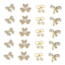 WOONEKY Unique Bow Nail Charms 20pcs Rhinestone Pearl Bow Nail Gems 3D Manicure Charms for DIY Art