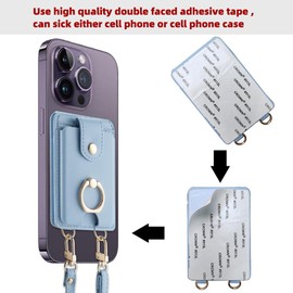 DOB SECHS Phone Wallet Stick on, Strong Adhesive Slim Credit Card Holder Sleeve with Detachable Crossbody Strap, Cell Phone Grip Ring Stand Compatible with Most Smartphones, Blue