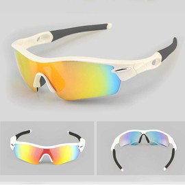 Sports Sunglasses Cycling Glasses Sports Glasses with UV400 5 Interchangeable Lenses Including Black Polarised Lens for Outdoor Activities such as Cycling Running Climbing Driving Running Fishing Golf Unisex, white