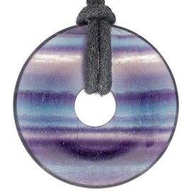 Lebensquelle Plus Colourful Fluorite Doughnut Diameter 30 mm + Cotton Cord | Gemstone Pendant | Genuine Healing Stone Necklace with Ribbon, Rainbow Fluorite, Fluorite