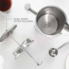 andrew james Double Walled Stainless Steel Cafetiere Gift Set With Coffee Measuring Spoon And Bag Sealing Clip | Delicious French Press Coffee | Easy to Clean (350ml, Stainless Steel)