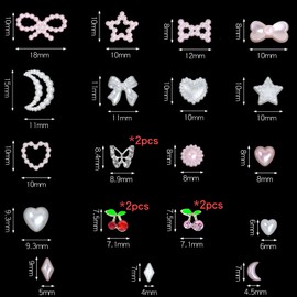 HNUIX 3D Nail Charms and Gems - Multi Shapes, Cherry, Moon, Heart, Butterfly, Star Bow Planet, Light Pink Pearls Flatback Rhinestones, for Nail Art