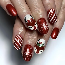 Christmas Press on Nails Short Oval Fake Nails with Snowflake Design Red Christmas Deer False Nails Glossy Glue on Nails Winter Xmas Artificial Nails Holiday Manicure for Women Girls 24Pcs